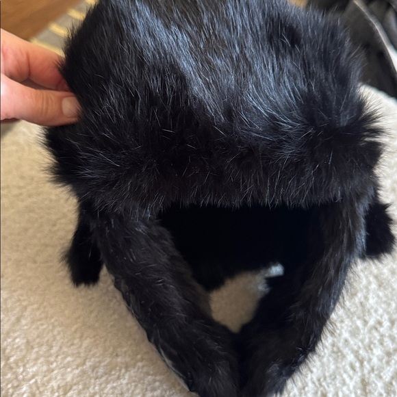 Black rabbit fur trim quilted shiny black satin lined bomber hat. New, no tags. main image 4